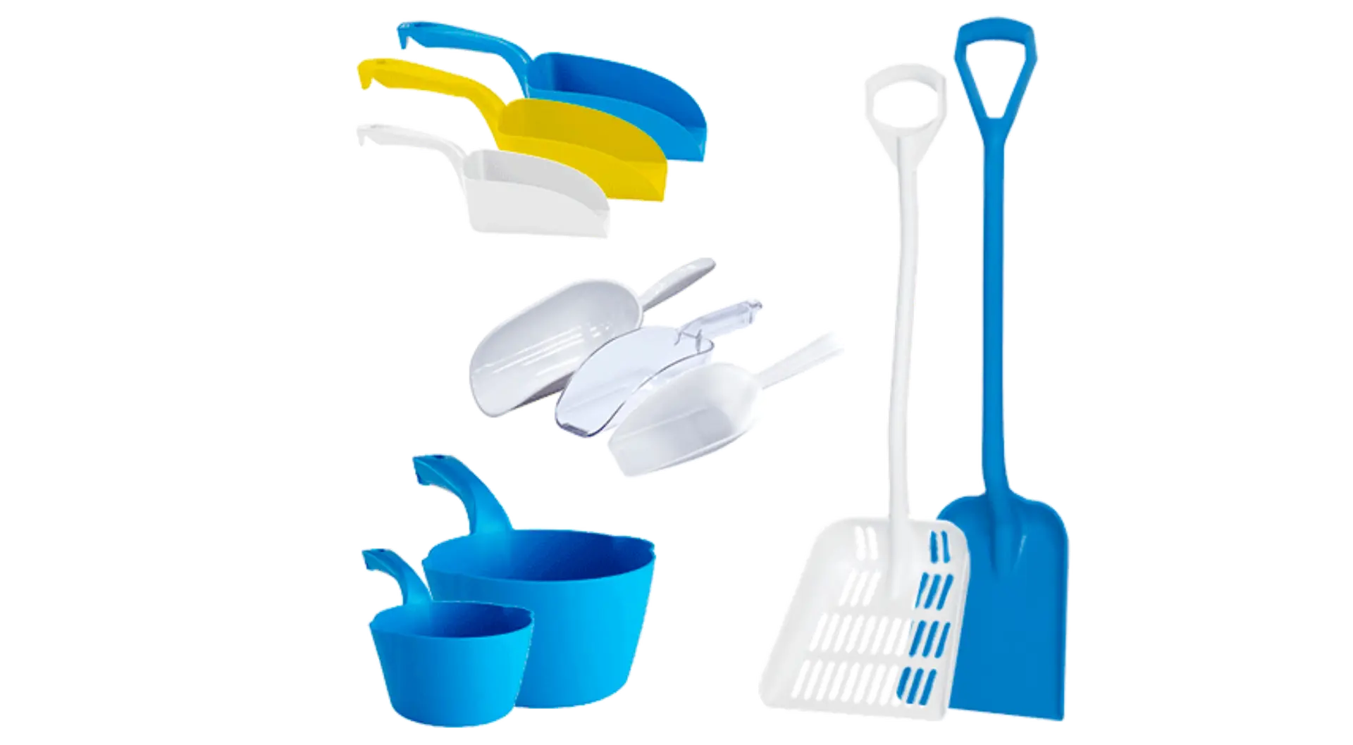 Utensilios de plástico para mascotas: palas y recogedores de arena para gatos, cucharas medidoras y recipientes en colores